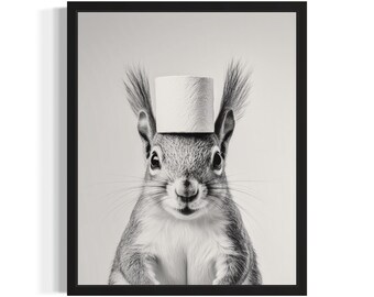May include: A black and white photograph of a squirrel wearing a white toilet paper roll as a hat. The squirrel is looking directly at the camera with a serious expression.