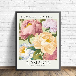 Romania State Flower, Romania Flower Market Art Print, Peony 1960&#39;s Wall Art , Neutral Botanical Pastel Artwork
