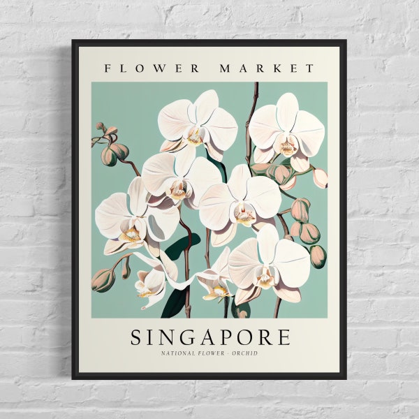 Singapore Flower Market Art Print, Singapore Flower, Orchid Wall Art, Botanical Pastel Artwork
