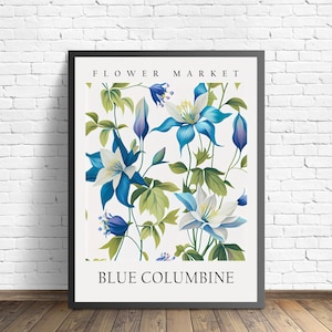 Blue Columbine Flower Market Art Print, Blue Columbine Wall Art, Botanical Pastel Artwork