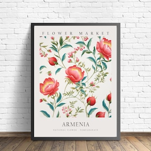 Flor do Estado Nacional da Armênia, Impressão artística do Mercado Nacional de Flores da Armênia, Arte de parede de romã dos anos 1960, Arte pastel botânica neutra