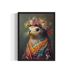 Seal Poster Art Print, Animal Flowers in Kimono Wall Art Decor Painting Artwork Bedroom Decor