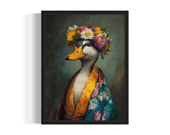 Duck Poster Art Print, Animal Flowers in Kimono Wall Art Decor Painting Artwork