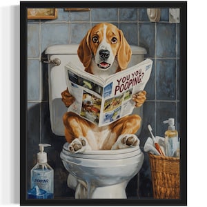 Beagle on Toilet Poster Art Print, Dog Restroom Humor Wall Art Decor, Dog Lover, Pet Bathroom Decor