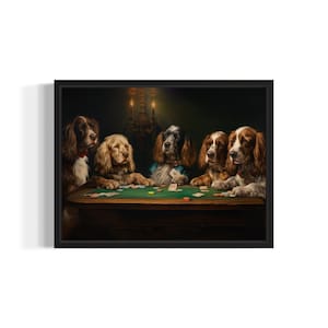 Könnte beinhalten: Ein Gemälde, das vier Hunde zeigt, die an einem Tisch Karten spielen. Die Hunde tragen alle Halsbänder und sitzen um einen grünen Filztisch mit Karten und Chips. Das Gemälde ist in einem realistischen Stil gehalten und hat einen dunklen Hintergrund.