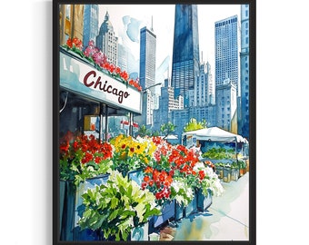 Chicago Flower Market Poster Art Print, Neutral Botanical Pastel Artwork Wall Art Painting Bedroom, Restroom Decor