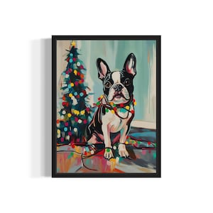 Póster artístico con diseño de perro Boston Terrier enredado en luces navideñas, decoración de pared con animales, carteles navideños para la temporada navideña