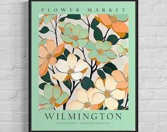 Wilmington North Carolina Flower Market Art Print, Wilmington City Poster, Flowering Dogwood Wall Art, Botanical Pastel Artwork