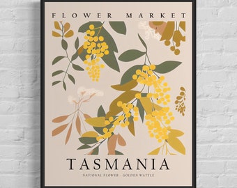 Impresión de arte del mercado de flores de Tasmania Australia, cartel de arte de pared de flores de acacia dorada