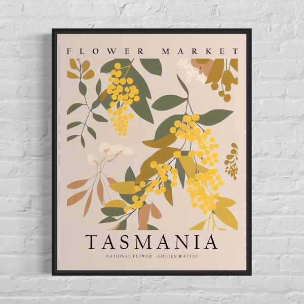 Tasmania Australia Flower Market Art Print, Golden Wattle Flower Wall Art Poster