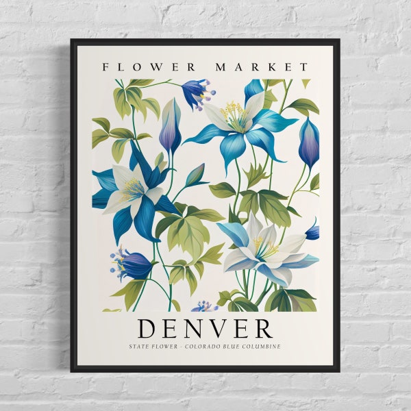 Denver Colorado Flower Market Art Print, Denver Flower, Colorado Blue Columbine Flower Wall Art, Botanical Pastel Artwork