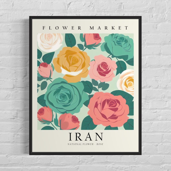 Iran Flower Market Art Print, Iran Flower, Rose Wall Art, Botanical Pastel Artwork