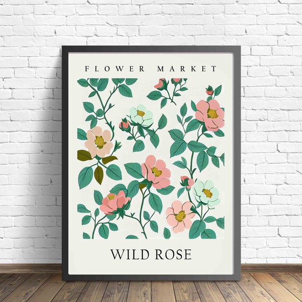 Wild Rose Flower Market Art Print, Wild Rose Wall Art, Botanical Pastel Artwork