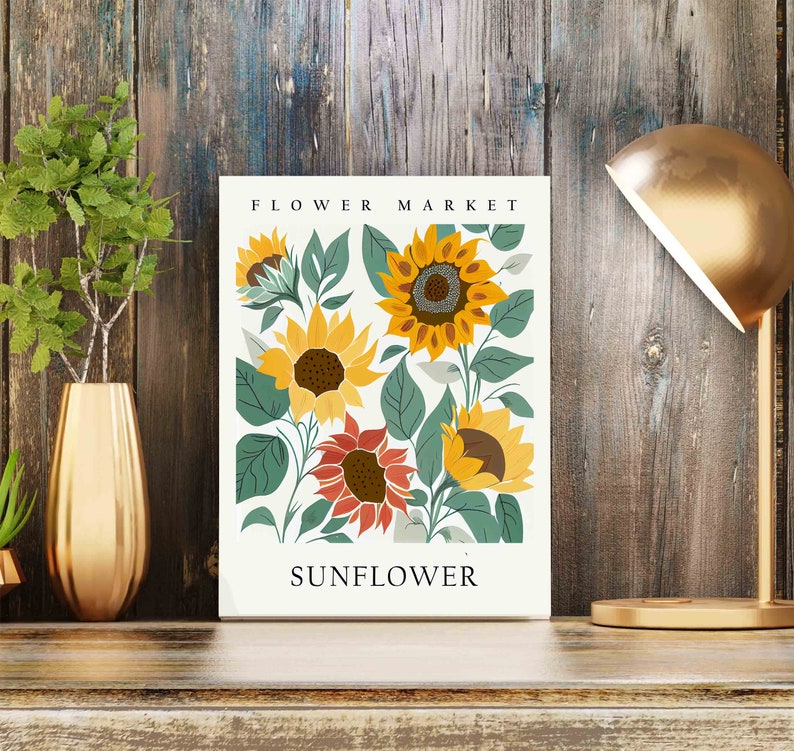 May include: A white poster with the text "FLOWER MARKET" and "SUNFLOWER" in black. The poster features a colorful illustration of sunflowers with green leaves on a white background.
