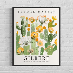 Gilbert Arizona Blumenmarkt Kunstdruck, Gilbert Blume, Saguaro Kaktus Blüte Blumen Wandkunst, Botanische Pastell Malerei