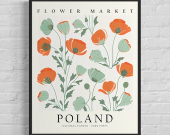 Poland National Flower, Poland Flower Market Art Print, Corn Poppy 1960&#39;s Wall Art , Neutral Botanical Pastel Artwork