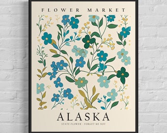 Alaska State Flower, Alaska Blumenmarkt Kunstdruck, Vergissmeinnicht 1960er Jahre Wandkunst, neutrales botanisches Pastell Kunstwerk