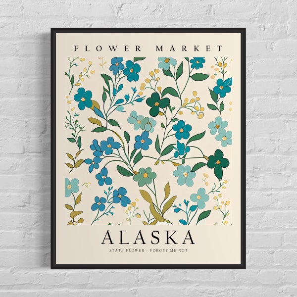 Alaska State Flower, Alaska Flower Market Art Print, Forget Me Not 1960's Wall Art , Neutral Botanical Pastel Artwork