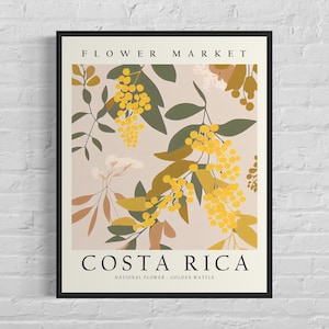 Impresión artística del mercado de flores de Costa Rica, flores de Costa Rica, arte mural de acacia dorada, obra de arte botánica en colores pastel