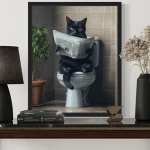 May include: A black cat sits on a white toilet, reading a newspaper. The cat is wearing a serious expression and has its paws resting on the newspaper. The toilet is in a bathroom with tiled walls and a plant in a pot.
