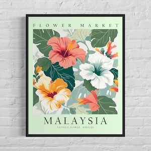 Malaysia National Flower, Malaysia Flower Market Art Print, Hibiscus 1960&#39;s Wall Art , Neutral Botanical Pastel Artwork