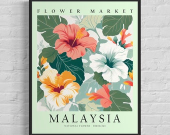 Malaysia National Flower, Malaysia Flower Market Art Print, Hibiscus 1960's Wall Art , Neutral Botanical Pastel Artwork