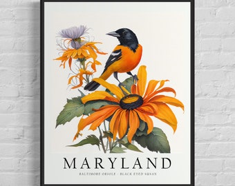 Maryland State Bird Art Print, Maryland State Flower, Maryland Wall Art, Home Decor