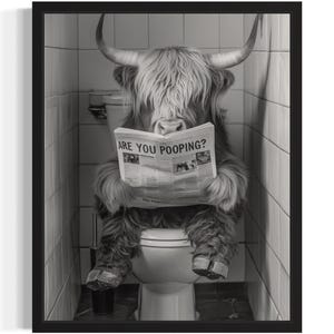 Highland Cow on Toilet in Retriever Poster Art Print, Highland Cow Restroom Humor Wall Art Decor, Highland Cow Lover, Pet Bathroom Decor