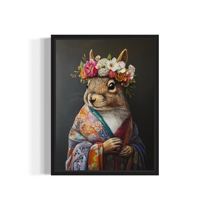 Squirrel Poster Art Print, Animal Flowers in Kimono Wall Art Decor Painting Artwork