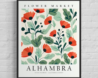 Alhambra California Flower, Alhambra Flower Market Art Print, California Poppy Wall Art , Neutral Botanical Pastel Artwork