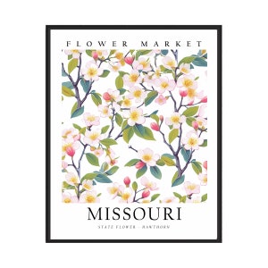 Missouri State Flower, Missouri Flower Market Art Print, meidoorn 1960's muurkunst, neutraal botanisch pastelkunstwerk