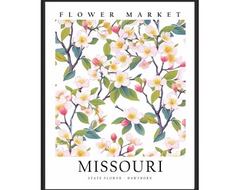 Missouri State Flower, Missouri Flower Market Art Print, Hawthorn 1960's Wall Art , Neutral Botanical Pastel Artwork