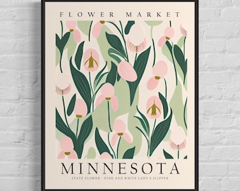 Konsttryck med Minnesota Flower Market, Minnesota-blomma, rosa och vita damtoffelväggkonst, botaniskt pastellkonstverk