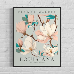 Impresión artística de la flor del estado de Luisiana, mercado de flores de Luisiana, arte mural de magnolia de los años 60, obra de arte botánica en tonos pastel neutros