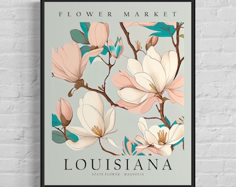 Louisiana State Flower, Louisiana Flower Market Art Print, Magnolia 1960's Wall Art , Neutral Botanical Pastel Artwork