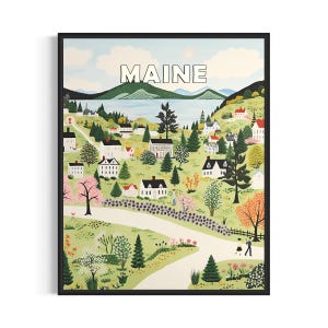 Maine and Motto Landscape Scenery Poster Art Print, American Folk Art Wall Art Decor, Naive Painting Gifts