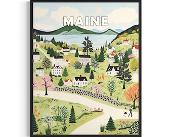 Poster con stampa artistica del paesaggio del Maine e del motto, decorazione murale dell'arte popolare americana, regali di pittura naif