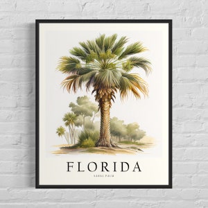 Impresión artística del árbol del estado de Florida, arte mural con palmera sabal, obra de arte con símbolo del árbol del estado
