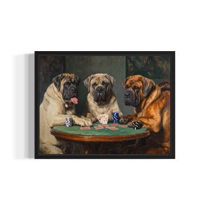 Mastiff Playing Cards Poster Art Print, Dog Poker Man Cave Humor Wall Art Decor, Dog Lover, Pet Artwork Painting