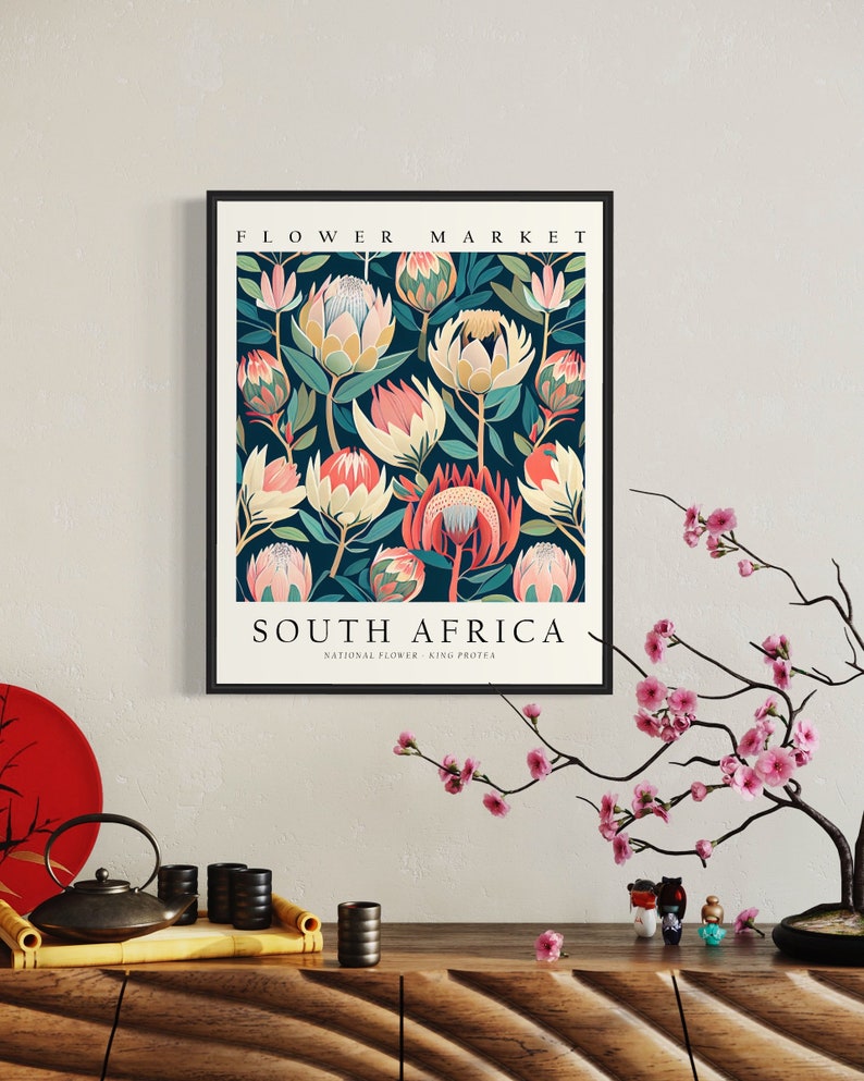 Fleur nationale d'Afrique du Sud, impression d'art du marché aux fleurs, art mural du roi Protea des années 1960, oeuvre d'art botanique pastel neutre image 3