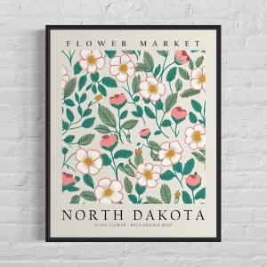 Impresión artística de la flor del estado de Dakota del Norte, mercado de flores de Dakota del Norte, arte mural de la rosa silvestre de la pradera de los años 60, obra de arte botánica en tonos pastel neutros