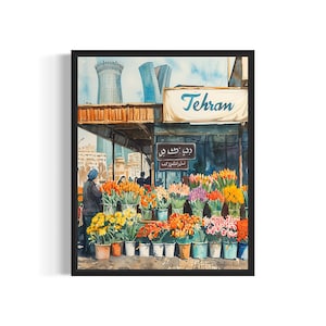 以下が含まれることがあります： テヘランの花市場の水彩画。バケツに入った色とりどりの花々、"テヘラン"と書かれた看板、青い帽子をかぶった人物が描かれています。背景には高層ビルが描かれています。