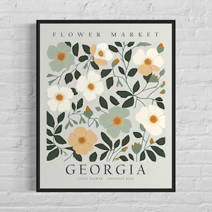 Impresión artística de la flor del estado de Georgia, mercado de flores de Georgia, arte mural de la rosa Cherokee de los años 60, obra de arte botánica en tonos pastel neutros