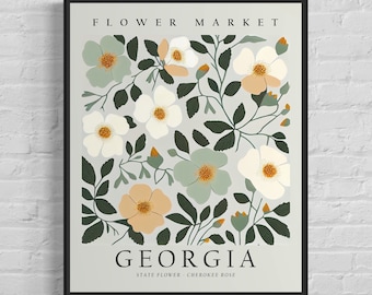 Georgia State Flower, Georgia Flower Market Art Print, Cherokee Rose 1960's Wall Art , Neutral Botanical Pastel Artwork