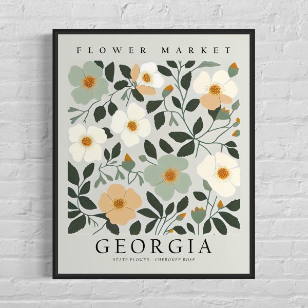 Georgia State Flower, Georgia Flower Market Art Print, Cherokee Rose 1960's Wall Art , Neutral Botanical Pastel Artwork