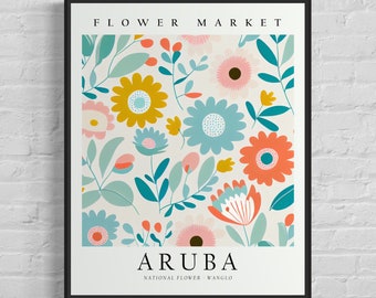 Aruba Blumenmarkt Kunstdruck, Aruba Blume, Wanglo Wandkunst, Botanische Pastell Malerei