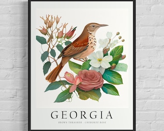 Georgia State Bird Art Print, Georgia State Flower, Georgia Wall Art, Home Decor