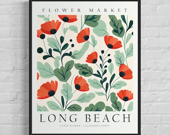 Long Beach California Flower Market Art Print, Long Beach Flower, California Poppy Wall Art, Botanical Pastel Artwork