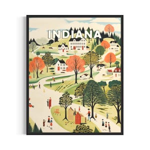 Indiana and Motto Landscape Scenery Poster Art Print, American Folk Art Wall Art Decor, Naive Painting Gifts