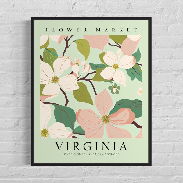 Virginia State Flower, Flower Market Art Print, American Dogwood 1960's Wall Art , Neutral Botanical Pastel Artwork